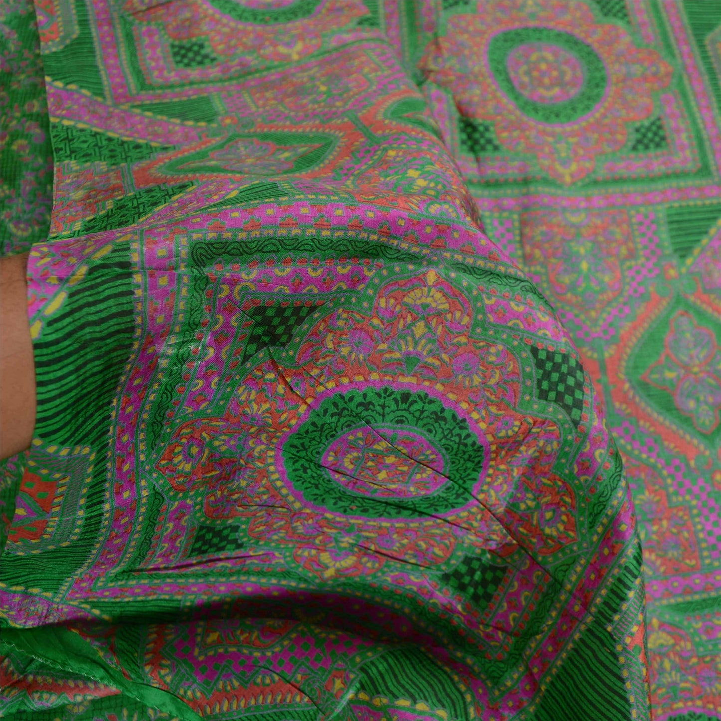 Sanskriti Vintage Sarees Indian Green Pure Silk Printed Sari 5yd Craft Sustainable Fabric
