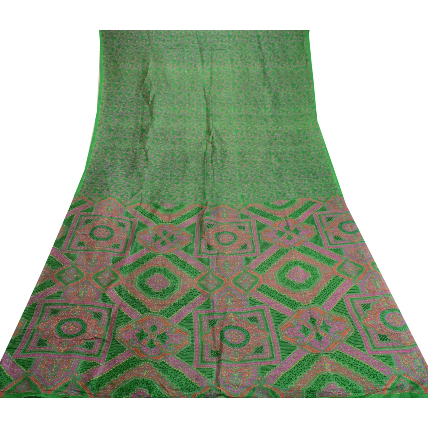 Sanskriti Vintage Sarees Indian Green Pure Silk Printed Sari 5yd Craft Sustainable Fabric