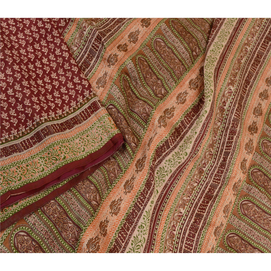 Sanskriti Vintage Sarees Indian Dark Red Pure Silk Printed Sari 5yd Craft Fabric
