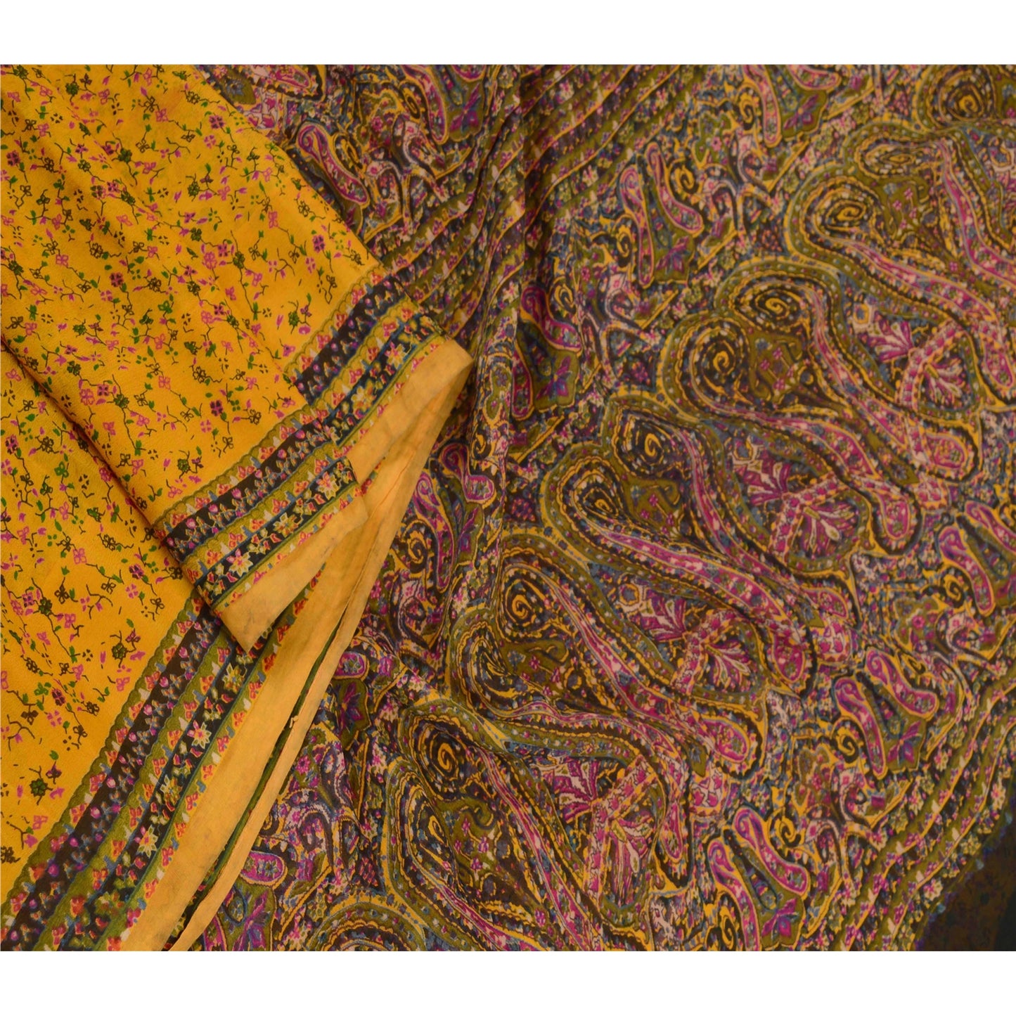 Sanskriti Vintage Sarees Yellow Pure Silk Printed Sari 5YD Floral Craft Sustainable Fabric