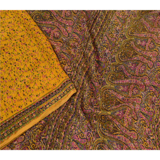 Sanskriti Vintage Sarees Yellow Pure Silk Printed Sari 5YD Floral Craft Sustainable Fabric