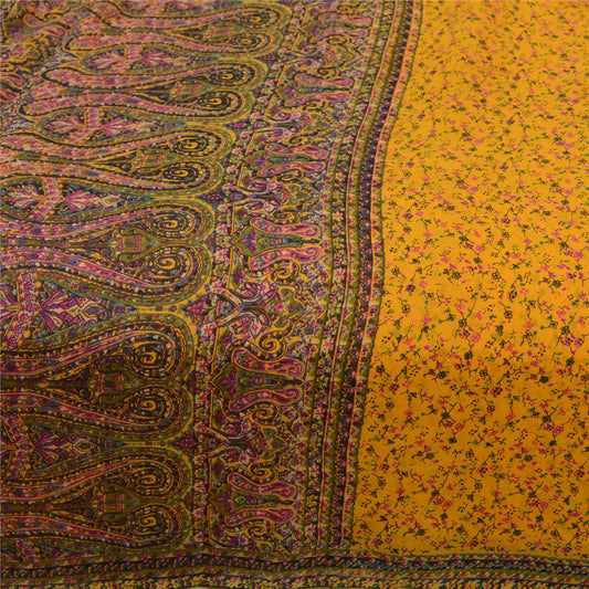 Sanskriti Vintage Sarees Yellow Pure Silk Printed Sari 5YD Floral Craft Sustainable Fabric