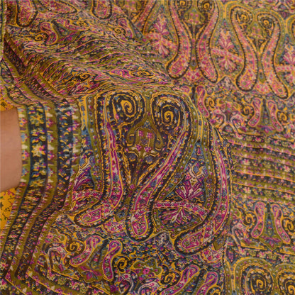 Sanskriti Vintage Sarees Yellow Pure Silk Printed Sari 5YD Floral Craft Sustainable Fabric