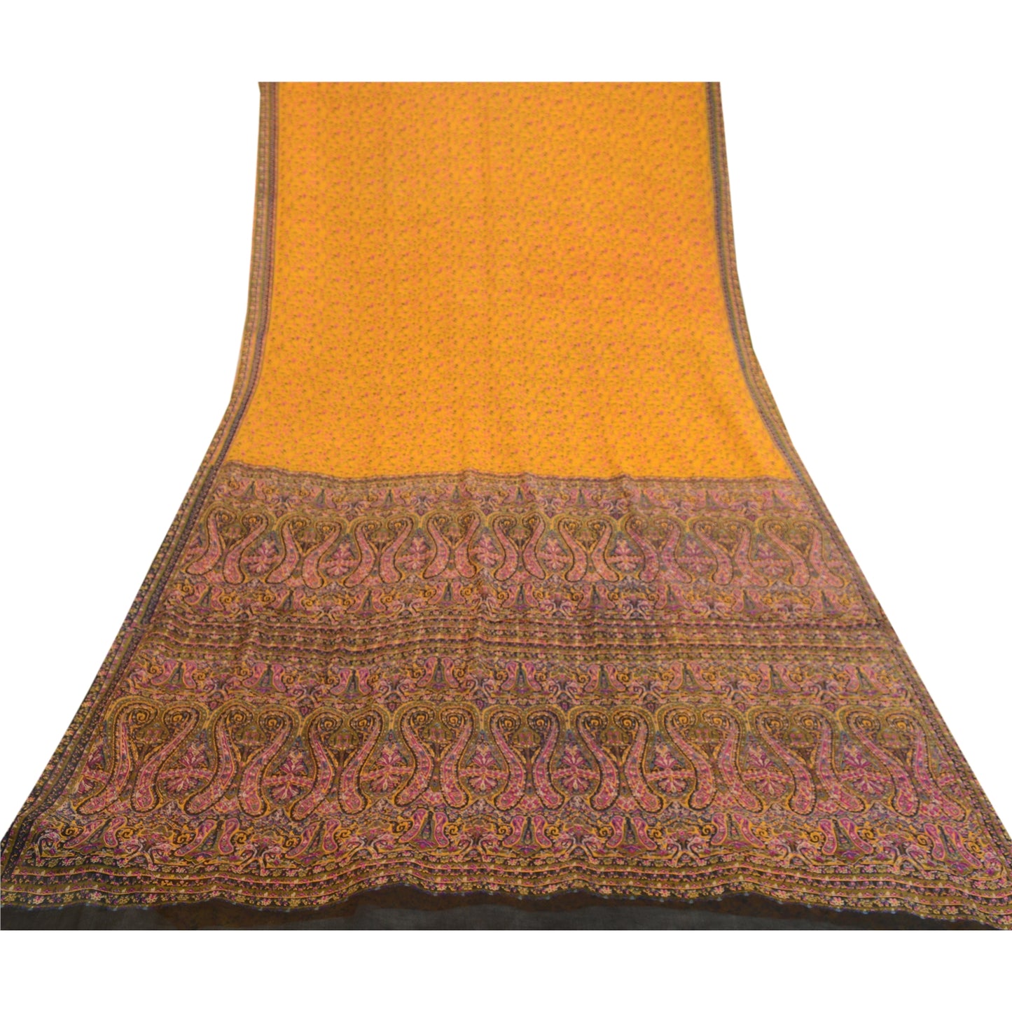 Sanskriti Vintage Sarees Yellow Pure Silk Printed Sari 5YD Floral Craft Sustainable Fabric
