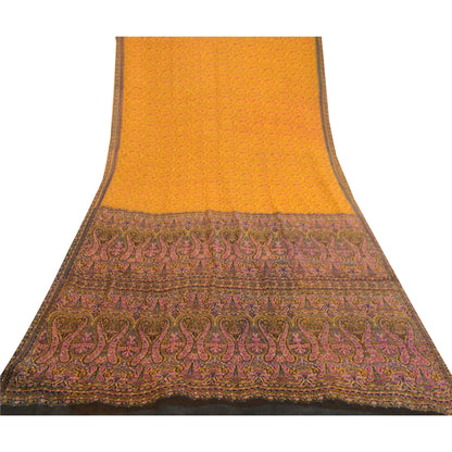 Sanskriti Vintage Sarees Yellow Pure Silk Printed Sari 5YD Floral Craft Sustainable Fabric