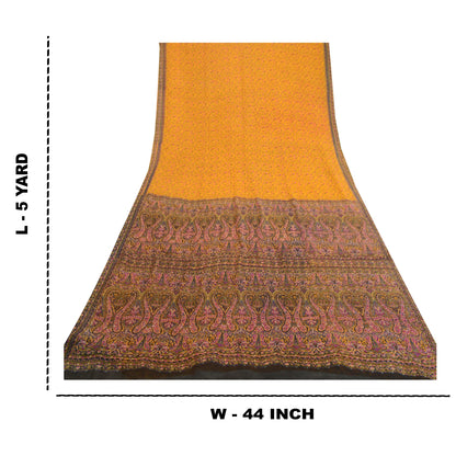 Sanskriti Vintage Sarees Yellow Pure Silk Printed Sari 5YD Floral Craft Sustainable Fabric