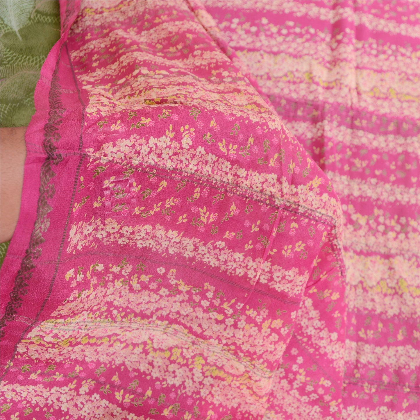 Sanskriti Vintage Sarees Green 100% Pure Silk Printed Sari Floral Craft Sustainable Fabric