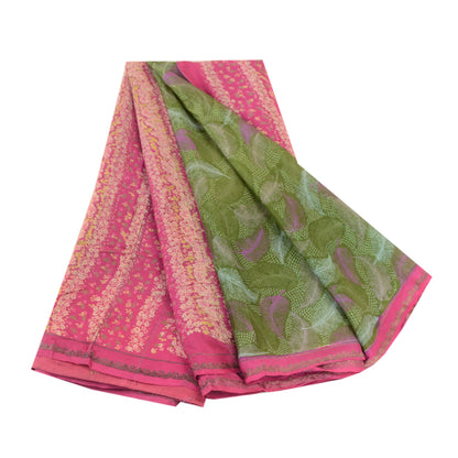 Sanskriti Vintage Sarees Green 100% Pure Silk Printed Sari Floral Craft Sustainable Fabric
