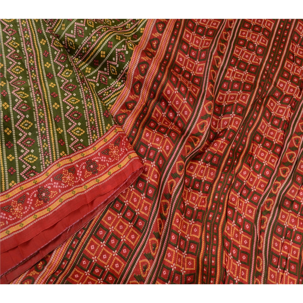 Sanskriti Vintage Sarees Green Bandhani Printed Pure Silk Sari 5yd Craft Fabric