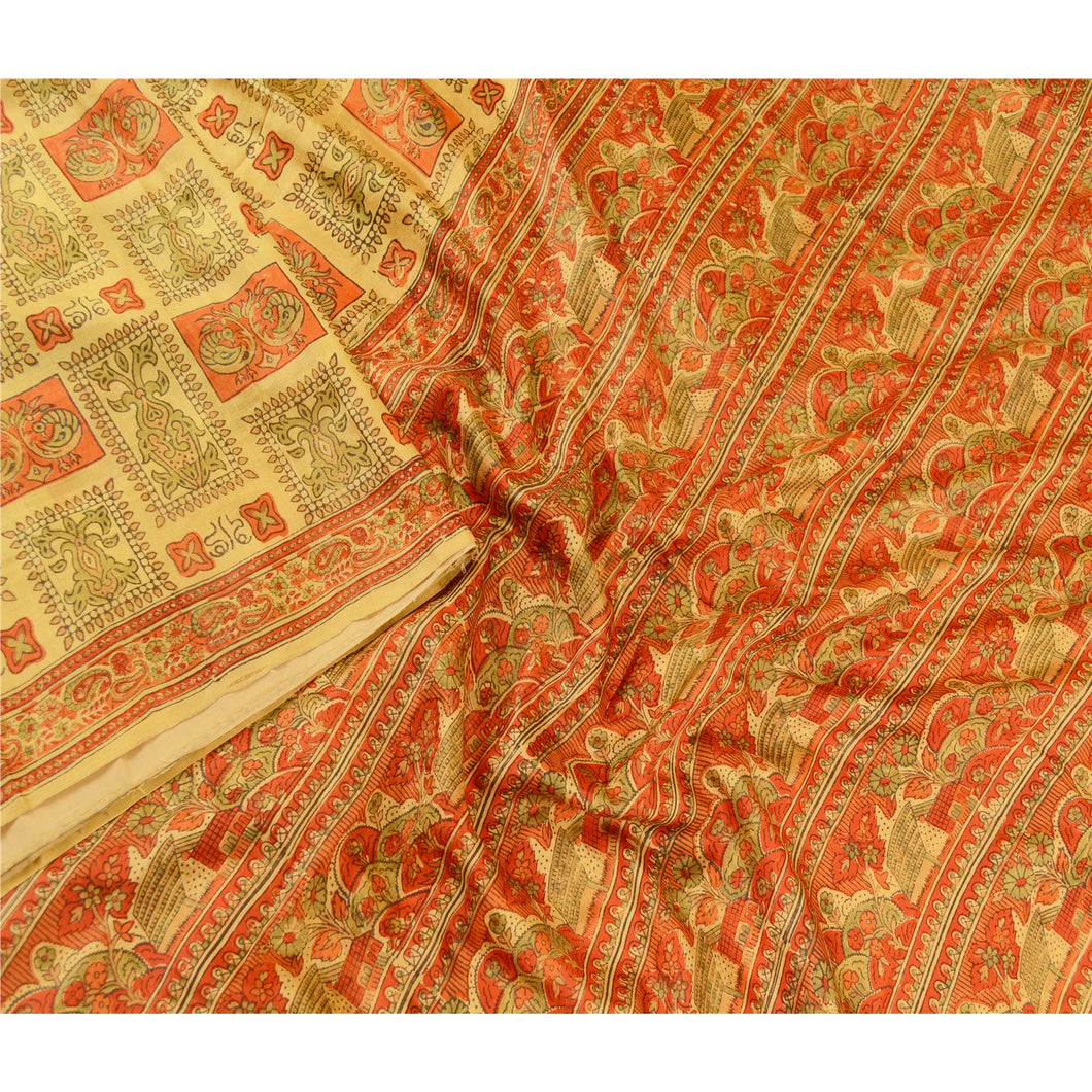 Sanskriti Vintage Sarees Green Pure Silk Peacock Printed Sari Soft Craft Fabric