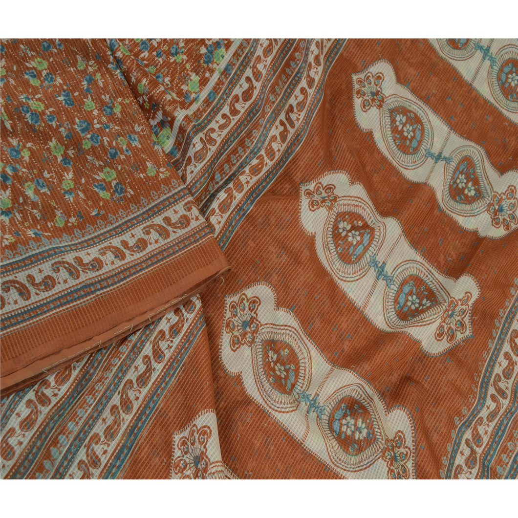 Sanskriti Vintage Sarees Brown Art Silk Kota Woven Printed Sari 5yd Craft Fabric