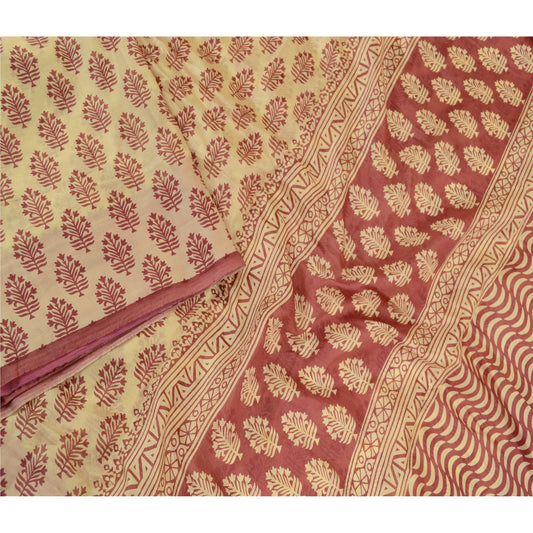 Sanskriti Vintage Sarees Block Printed Cream Pure Silk Sari Soft Craft Sustainable Fabric