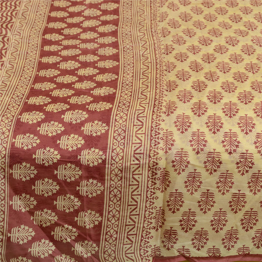 Sanskriti Vintage Sarees Block Printed Cream Pure Silk Sari Soft Craft Sustainable Fabric