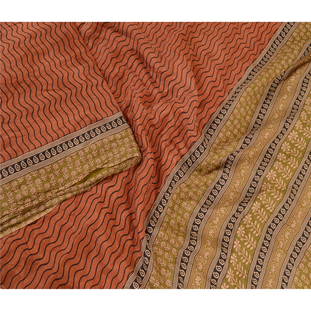 Sanskriti Vintage Sarees Orange Pure Silk Printed Sari Floral 5yd Craft Sustainable Fabric