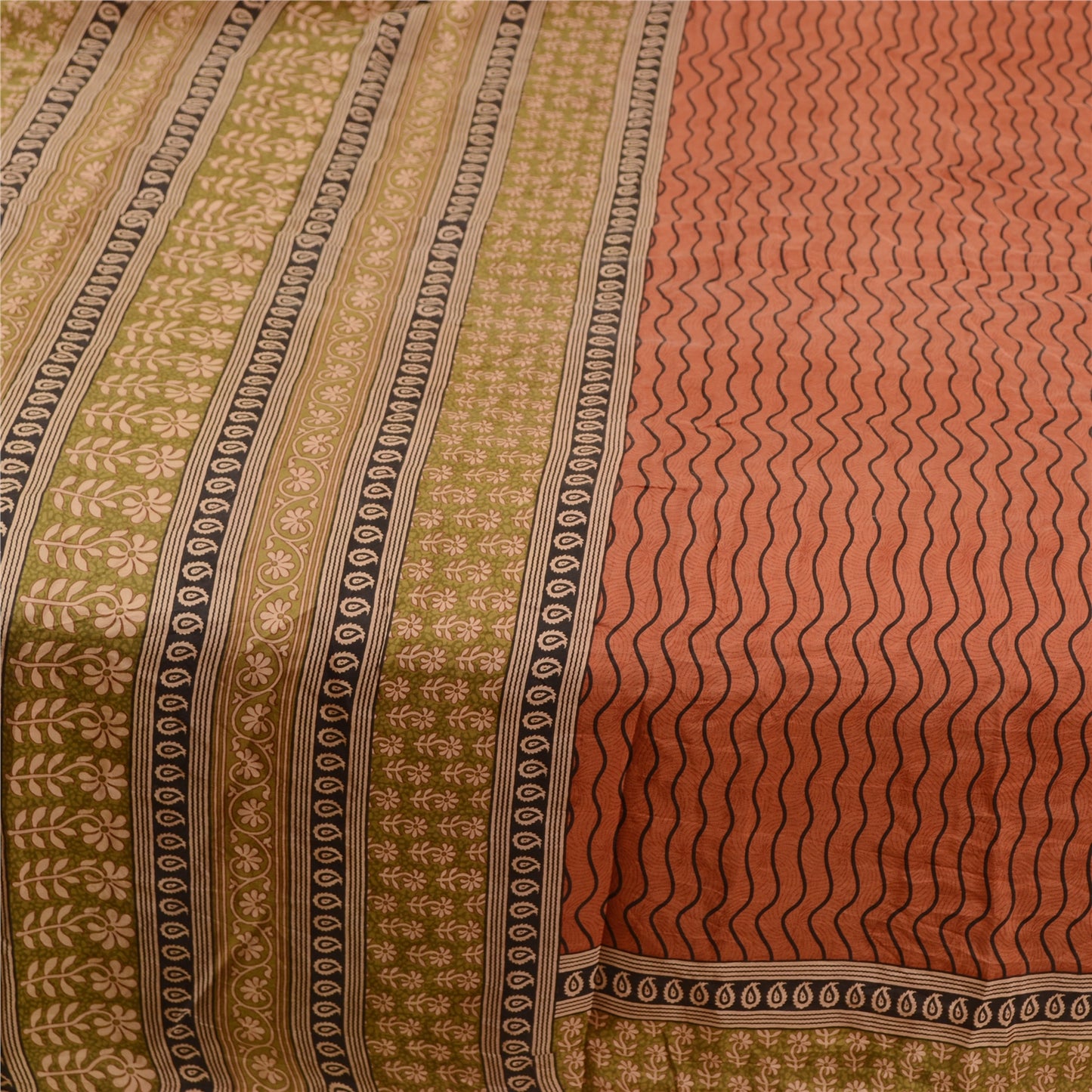 Sanskriti Vintage Sarees Orange Pure Silk Printed Sari Floral 5yd Craft Sustainable Fabric