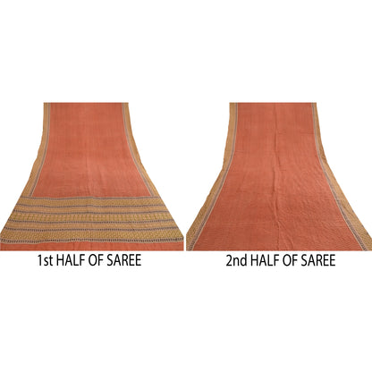 Sanskriti Vintage Sarees Orange Pure Silk Printed Sari Floral 5yd Craft Sustainable Fabric