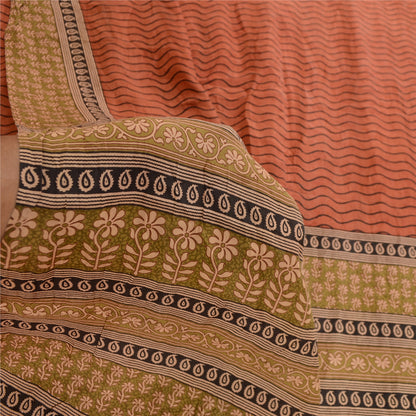 Sanskriti Vintage Sarees Orange Pure Silk Printed Sari Floral 5yd Craft Sustainable Fabric