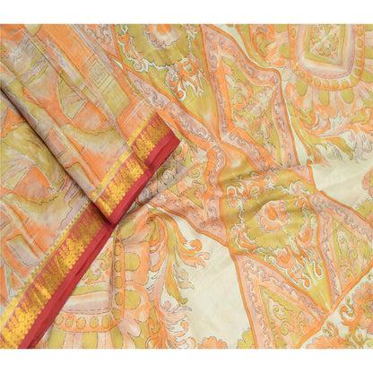 Sanskriti Vintage Sarees Multi Pure Silk Printed Zari Border Sari Craft Sustainable Fabric