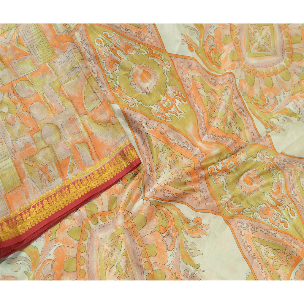 Sanskriti Vintage Sarees Multi Pure Silk Printed Zari Border Sari Craft Sustainable Fabric