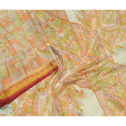 Sanskriti Vintage Sarees Multi Pure Silk Printed Zari Border Sari Craft Sustainable Fabric