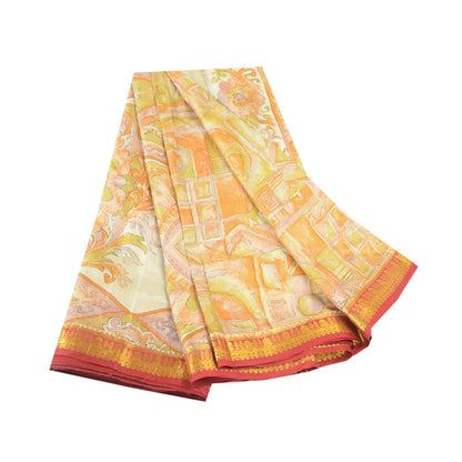 Sanskriti Vintage Sarees Multi Pure Silk Printed Zari Border Sari Craft Sustainable Fabric