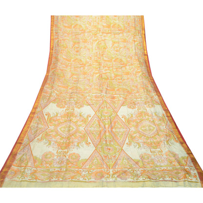 Sanskriti Vintage Sarees Multi Pure Silk Printed Zari Border Sari Craft Sustainable Fabric