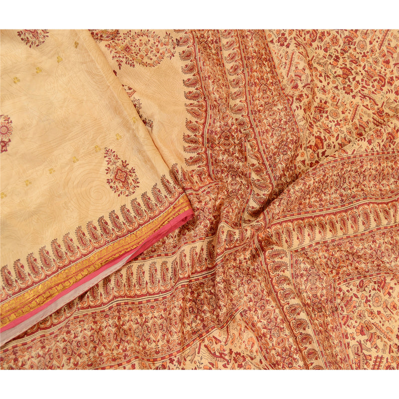 Sanskriti Vintage Sarees Beige Pure Silk Printed Zari Border Sari Craft Sustainable Fabric