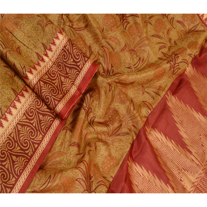 Sanskriti Vintage Sarees Mustard Green Pure Silk Printed Woven Sari Craft Sustainable Fabric