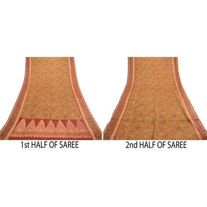 Sanskriti Vintage Sarees Mustard Green Pure Silk Printed Woven Sari Craft Sustainable Fabric