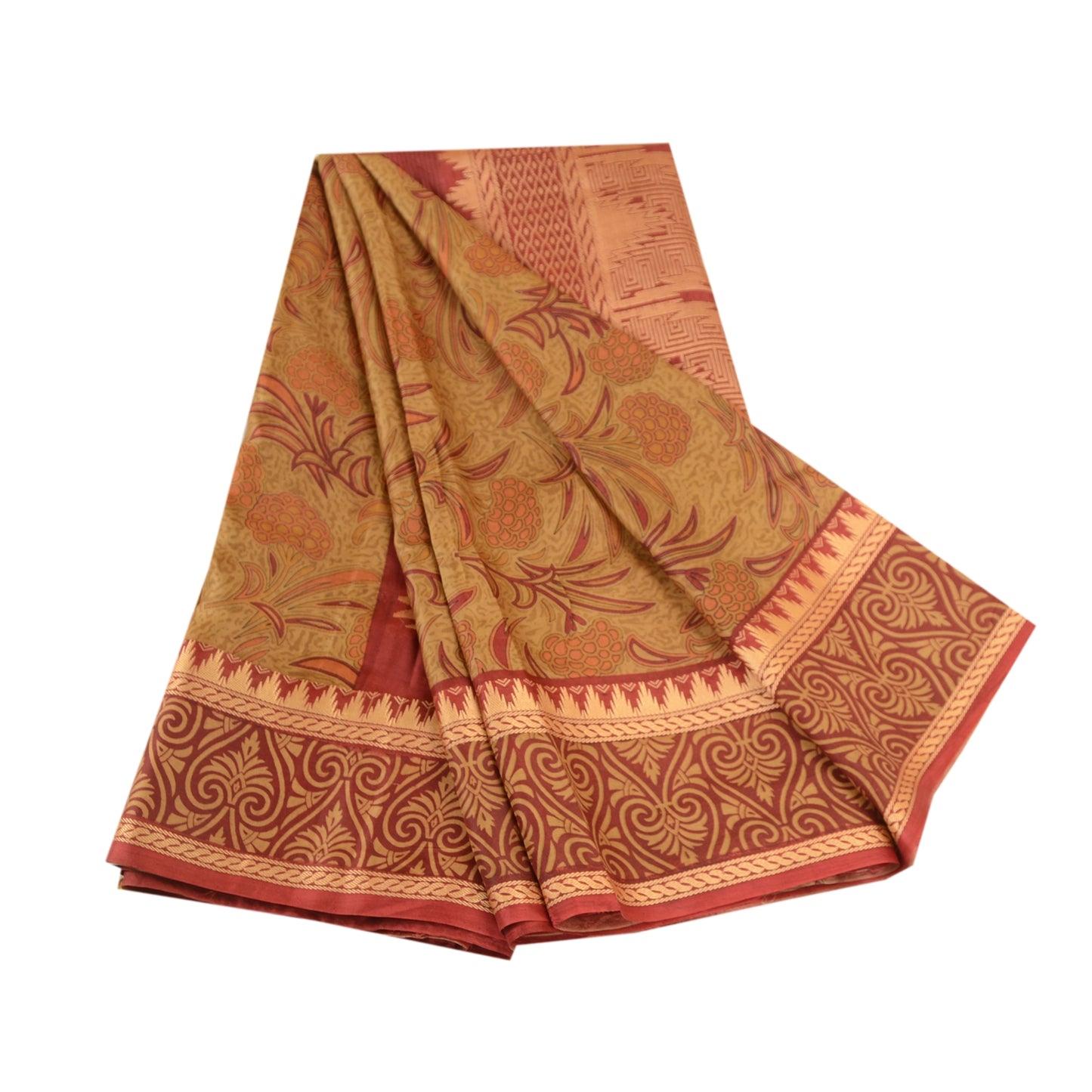Sanskriti Vintage Sarees Mustard Green Pure Silk Printed Woven Sari Craft Sustainable Fabric