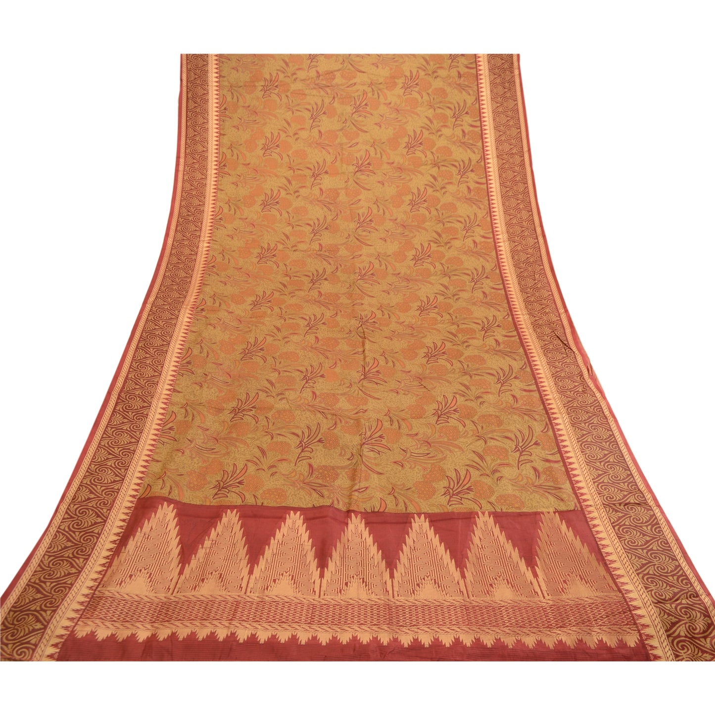 Sanskriti Vintage Sarees Mustard Green Pure Silk Printed Woven Sari Craft Sustainable Fabric