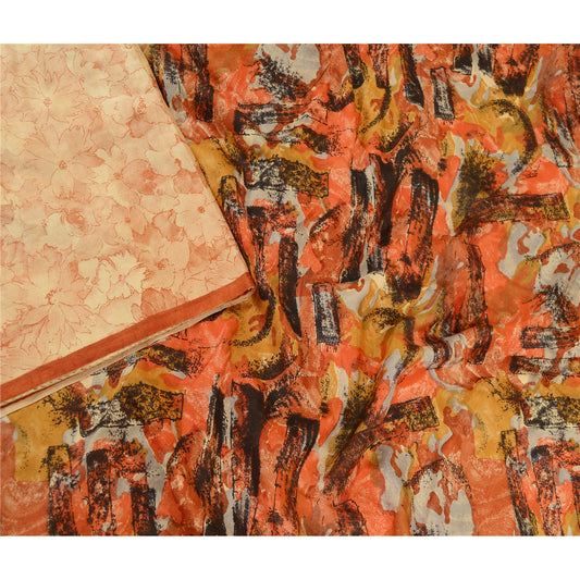 Sanskriti Vintage Sarees Beige From India Pure Silk Printed Sari Craft Sustainable Fabric