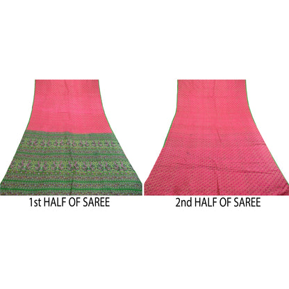 Sanskriti Vintage Sarees Pink From India Pure Silk Printed Sari Craft Sustainable Fabric