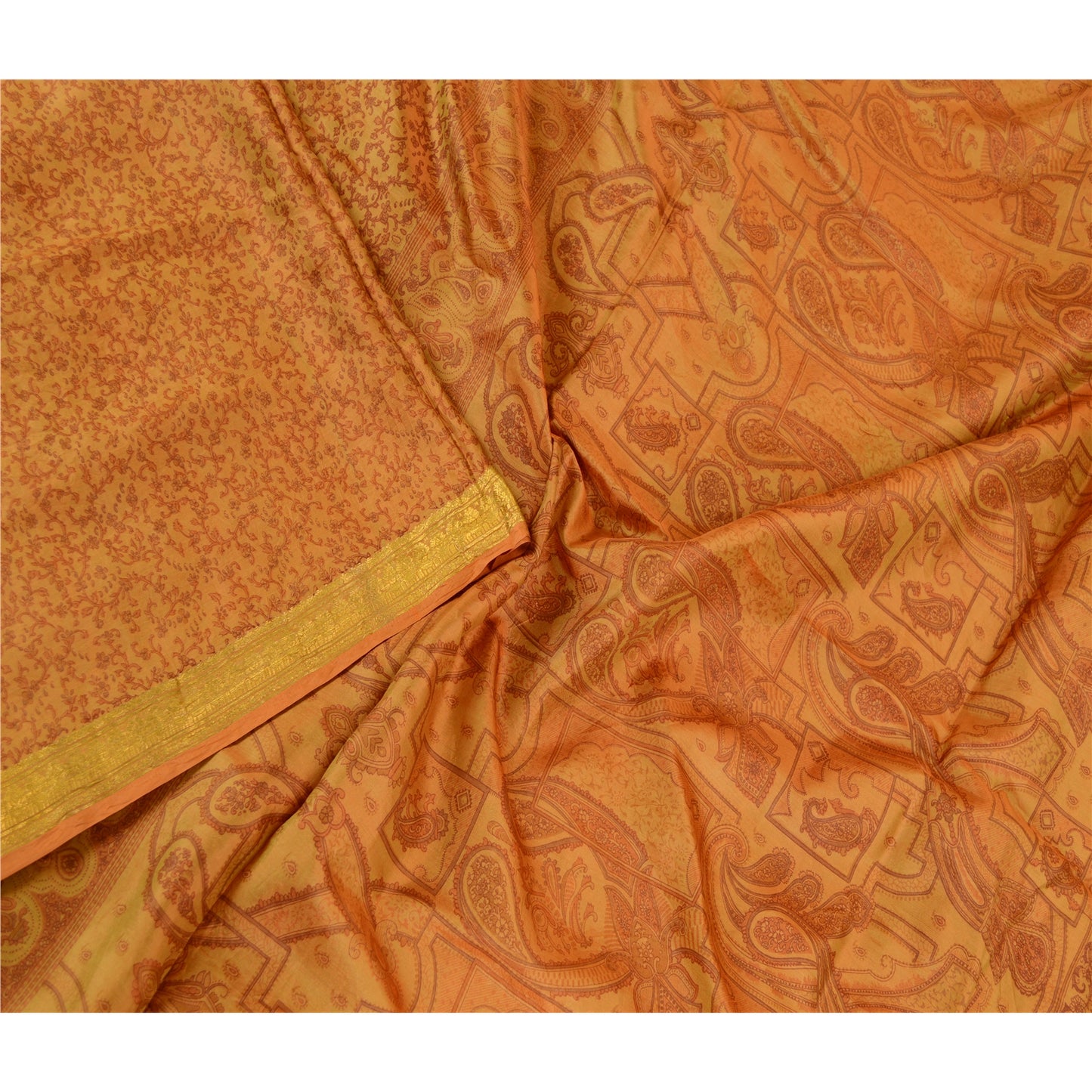 Sanskriti Vintage Sarees Heena Green Pure Silk Printed Zari Border Sari Sustainable Fabric
