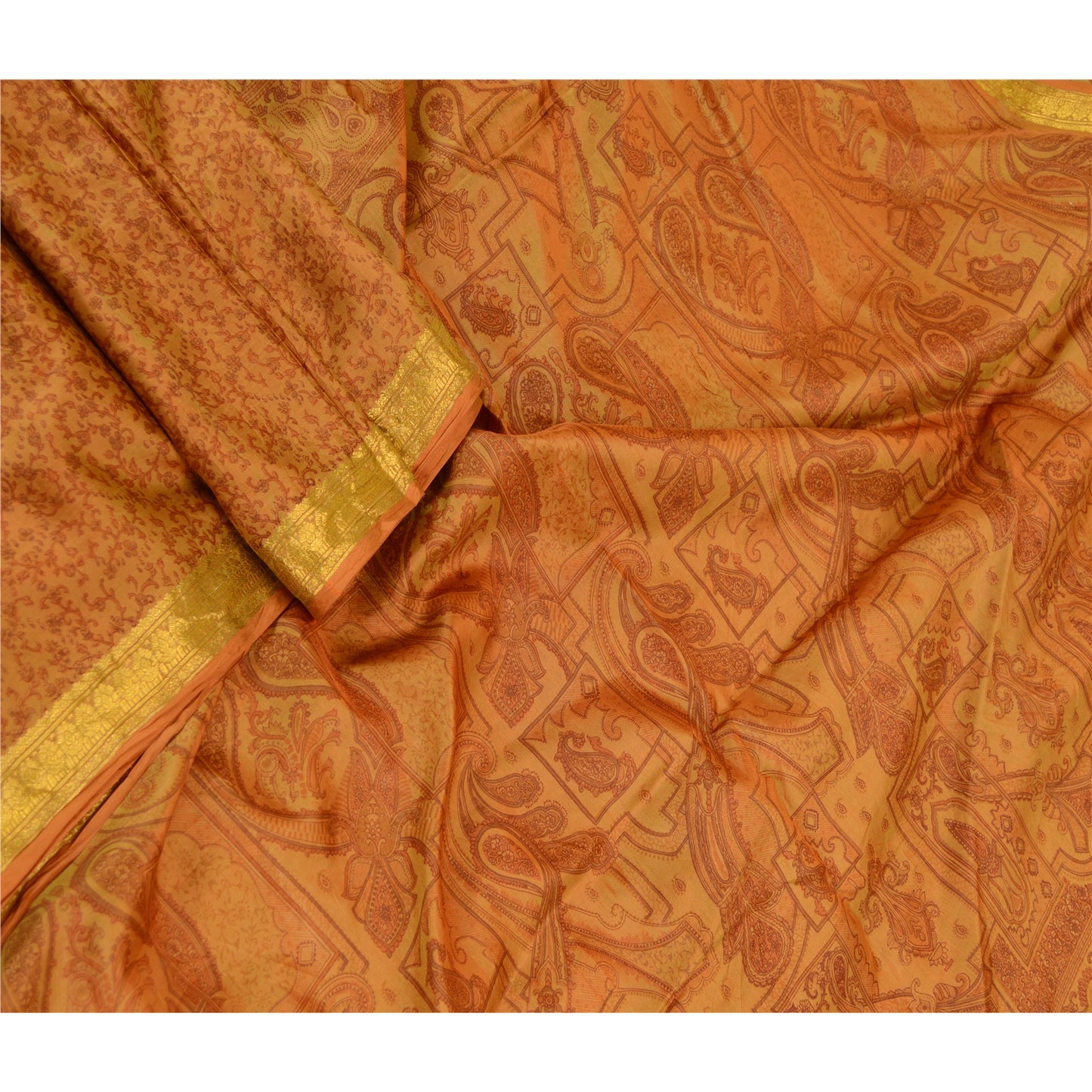 Sanskriti Vintage Sarees Heena Green Pure Silk Printed Zari Border Sari Sustainable Fabric