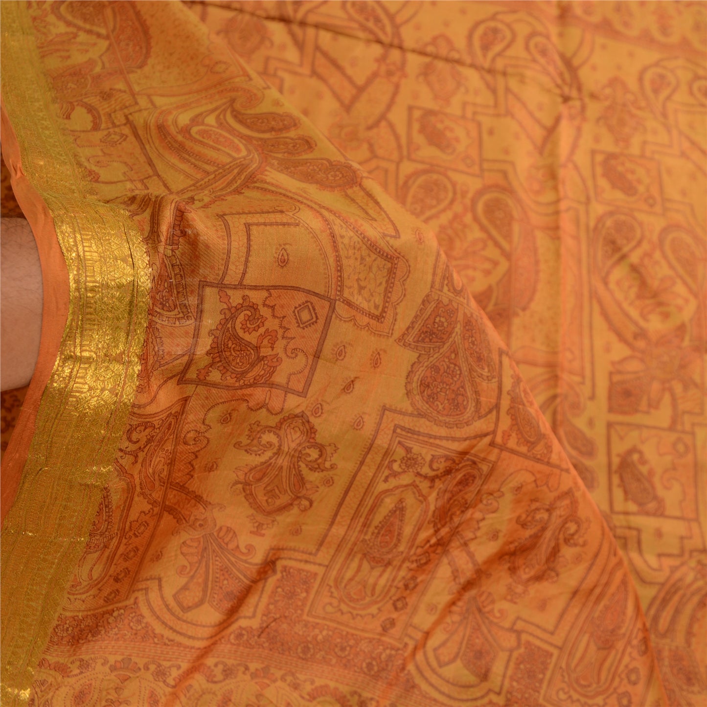 Sanskriti Vintage Sarees Heena Green Pure Silk Printed Zari Border Sari Sustainable Fabric