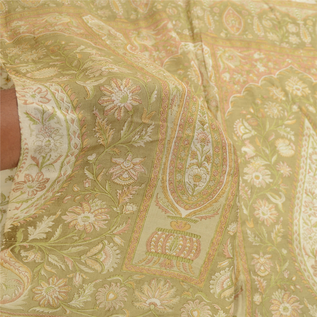 Sanskriti Vintage Sarees Indian Cream Pure Silk Printed Sari 5yd Craft Fabric
