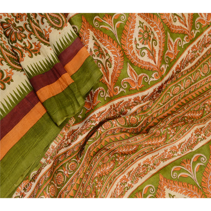 Sanskriti Vintage Sarees Orange Pure Silk Printed Sari Floral 5yd Craft Sustainable Fabric