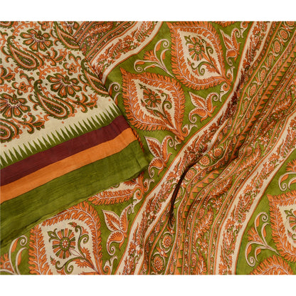 Sanskriti Vintage Sarees Orange Pure Silk Printed Sari Floral 5yd Craft Sustainable Fabric