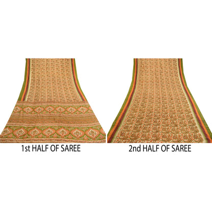 Sanskriti Vintage Sarees Orange Pure Silk Printed Sari Floral 5yd Craft Sustainable Fabric