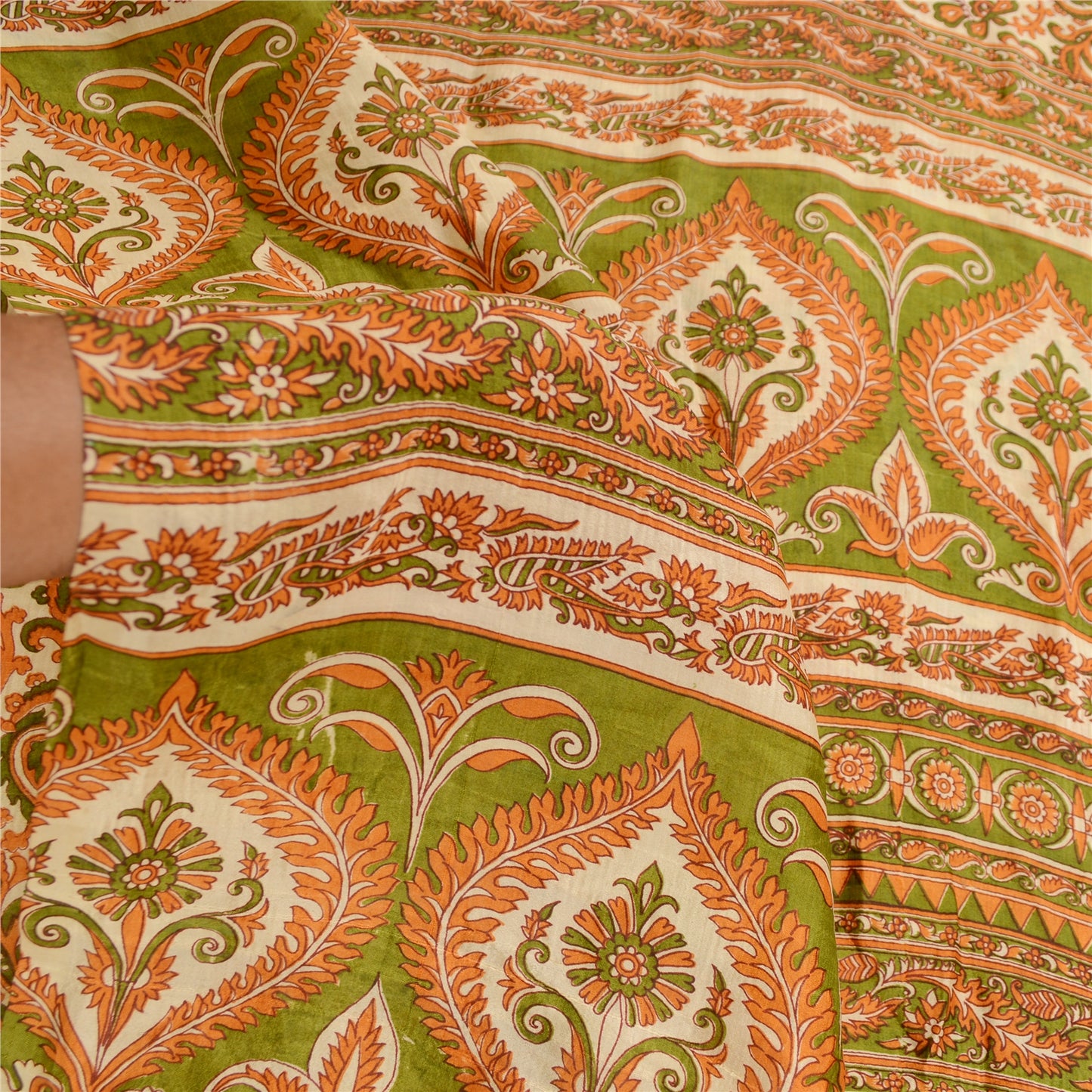 Sanskriti Vintage Sarees Orange Pure Silk Printed Sari Floral 5yd Craft Sustainable Fabric