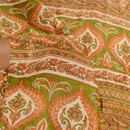 Sanskriti Vintage Sarees Orange Pure Silk Printed Sari Floral 5yd Craft Sustainable Fabric