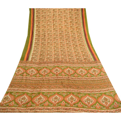 Sanskriti Vintage Sarees Orange Pure Silk Printed Sari Floral 5yd Craft Sustainable Fabric