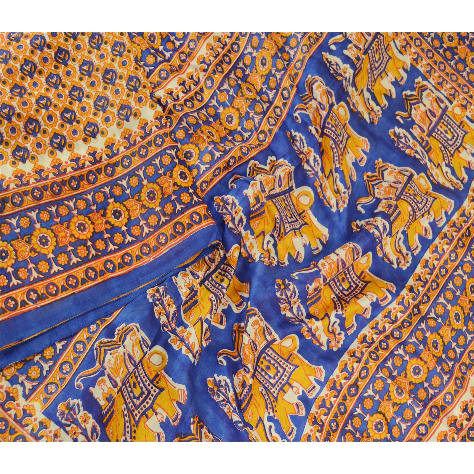 Sanskriti Vintage Yellow & Blue Pure Silk Printed Saree with Floral Elephant Cart Design Soft 5YD Craft Fabric for Dressmaking Upholstery