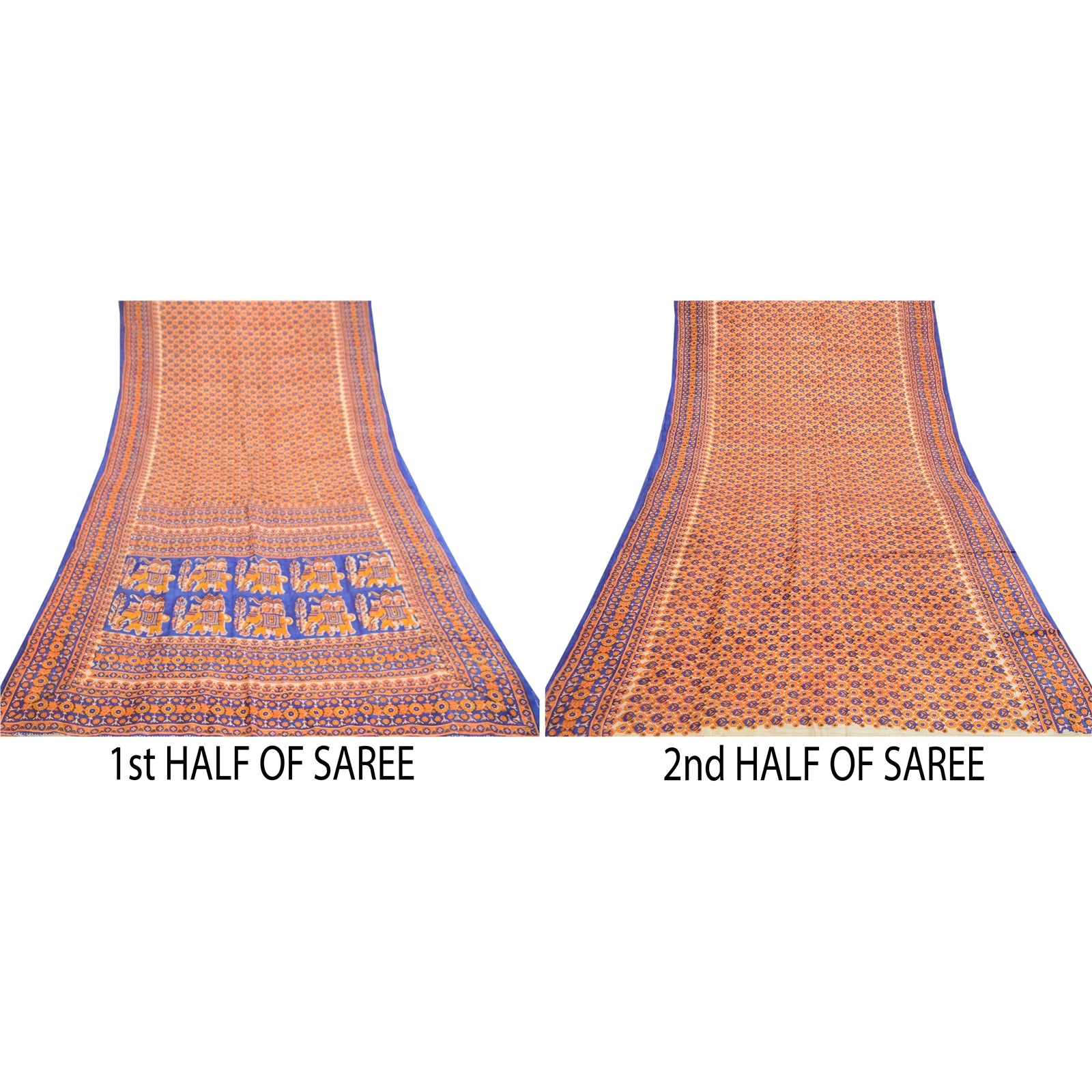 Sanskriti Vintage Yellow & Blue Pure Silk Printed Saree with Floral Elephant Cart Design Soft 5YD Craft Fabric for Dressmaking Upholstery