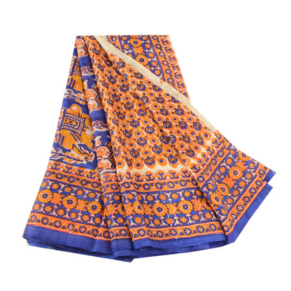 Sanskriti Vintage Sarees Yellow 100% Pure Silk Printed Sari Floral Craft Sustainable Fabric