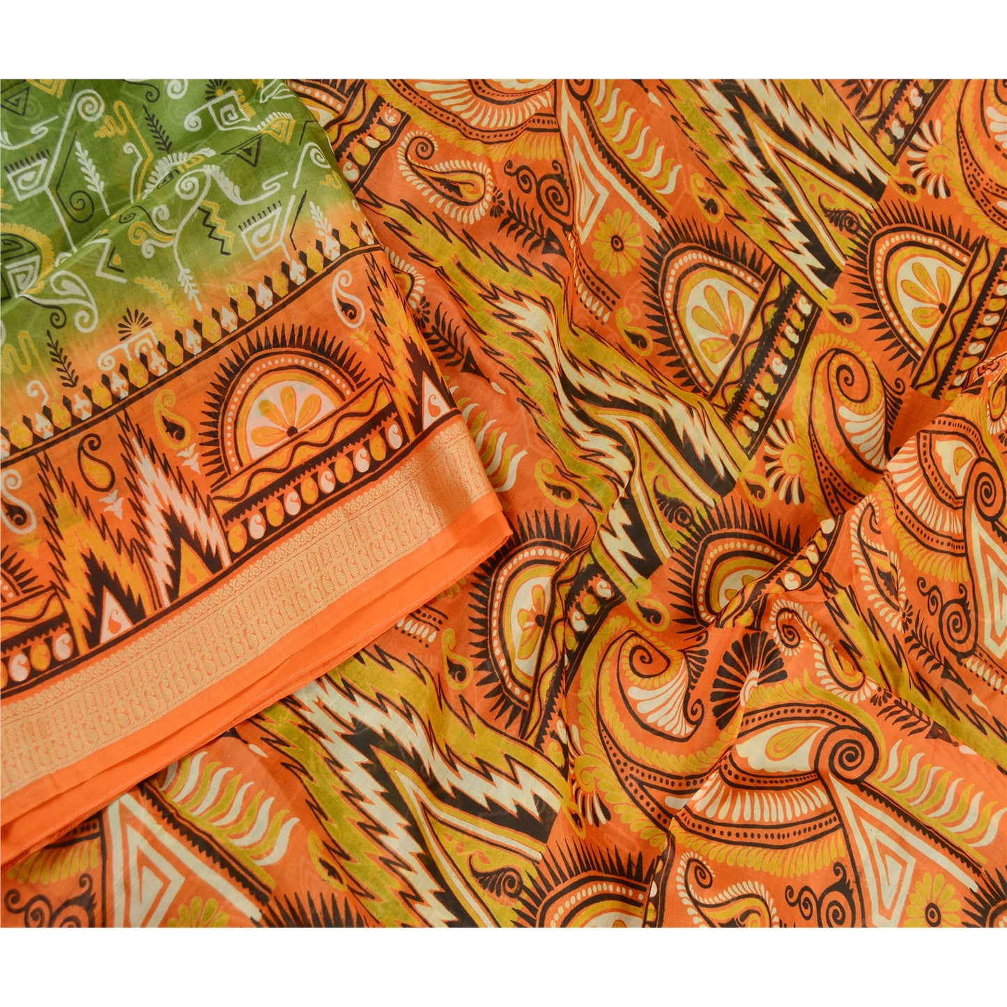 Sanskriti Vintage Sarees Green 100% Pure Silk Printed Sari Floral Craft Sustainable Fabric