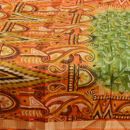 Sanskriti Vintage Sarees Green 100% Pure Silk Printed Sari Floral Craft Sustainable Fabric