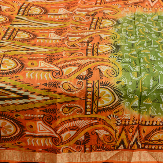 Sanskriti Vintage Sarees Green 100% Pure Silk Printed Sari Floral Craft Sustainable Fabric