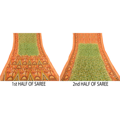Sanskriti Vintage Sarees Green 100% Pure Silk Printed Sari Floral Craft Sustainable Fabric
